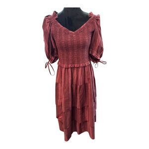 LoveShackFancy Burgundy Maroon Cotton Smocked Midi Dress with Puff Sleeves Large